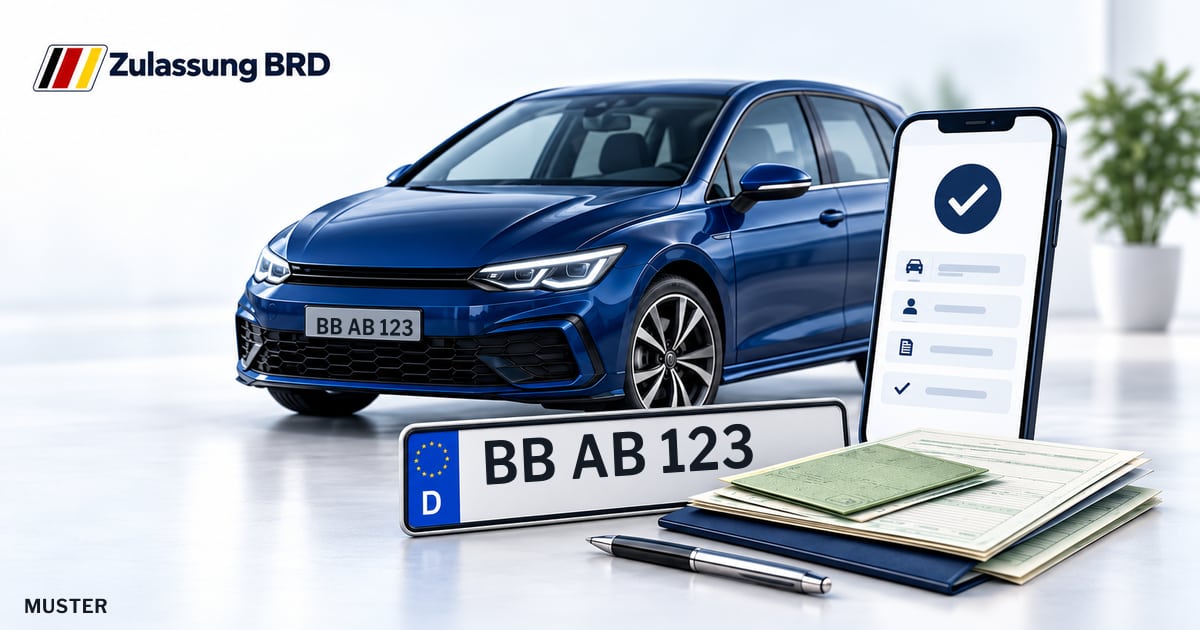 Online Fahrzeugzulassung in Weil der Stadt: Musterkennzeichen BB AB 123, Auto und Fahrzeugpapiere und Smartphone. Illustration mit Logo von Zulassung BRD.